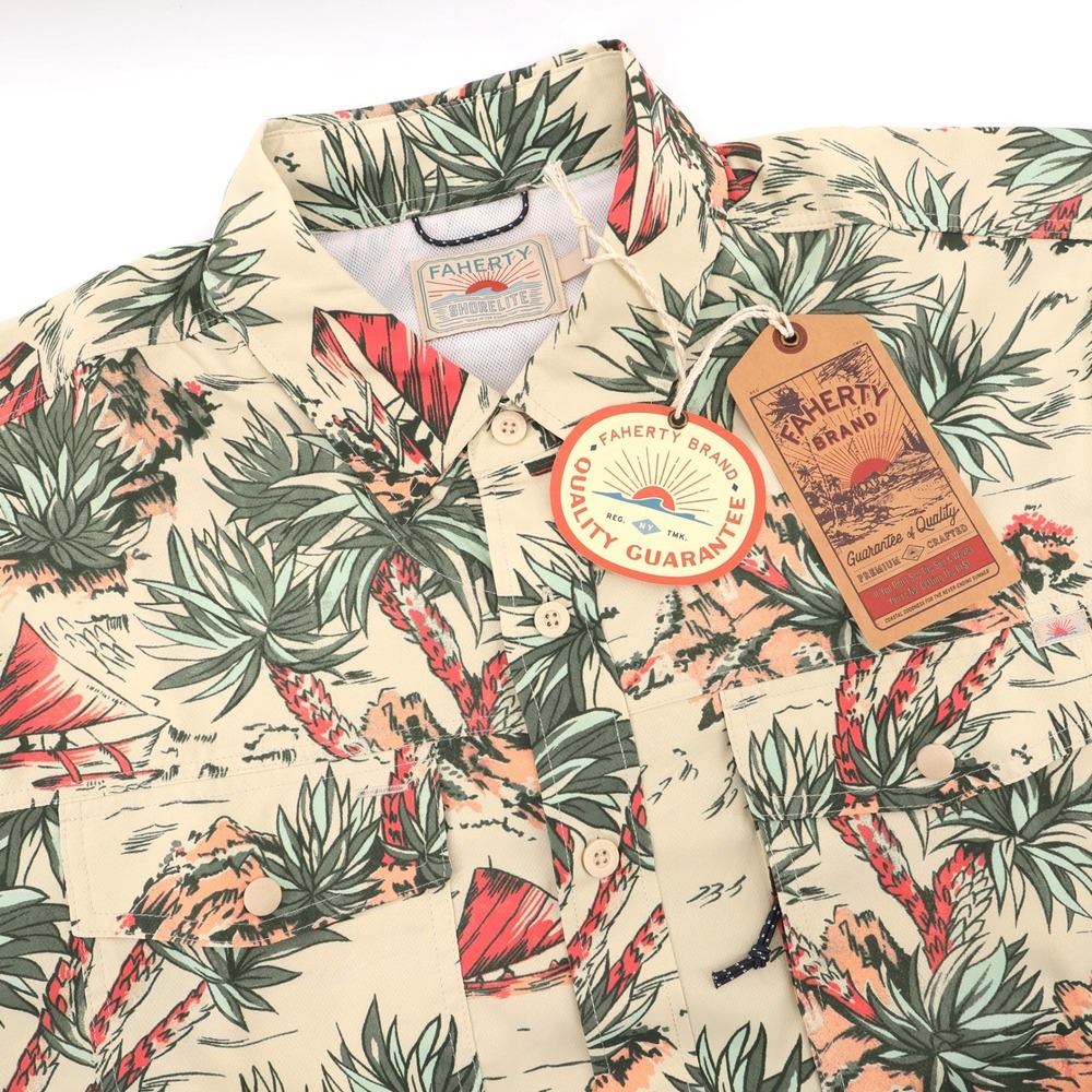 NEW Faherty Shorelite Air Scenic Safari Shirt Cream Short Sleeve‎ Mens Large